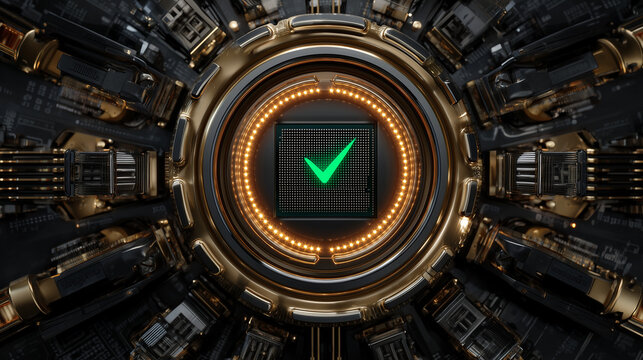 This advanced security and identity verification system features a circular icon, with a glowing green checkmark indicating successful verification.