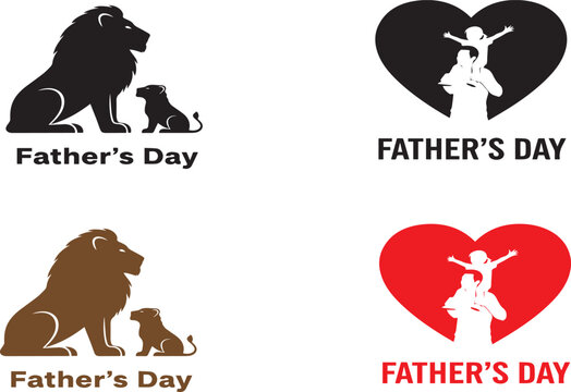 Father&rsquo;s Day Logo Set Vector Collection, Dad and Child Love Symbols, Lion Family Silhouette, Holiday Celebration Design