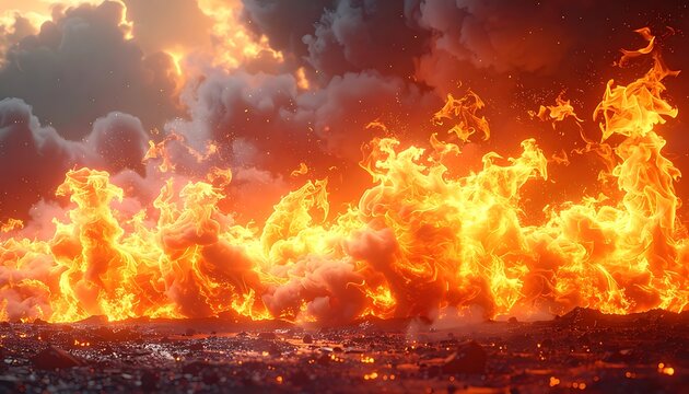 Intense, fiery landscape of roaring flames and thick smoke filling the scene with blazing orange and deep gray hues