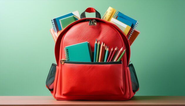 red backpack filled with school supplies suitable for back to school promotions educational content and marketing materials for students and teachers generative ai
