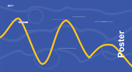 Blue and yellow wave poster design featuring typography and geometric wave patterns. © masuk stock