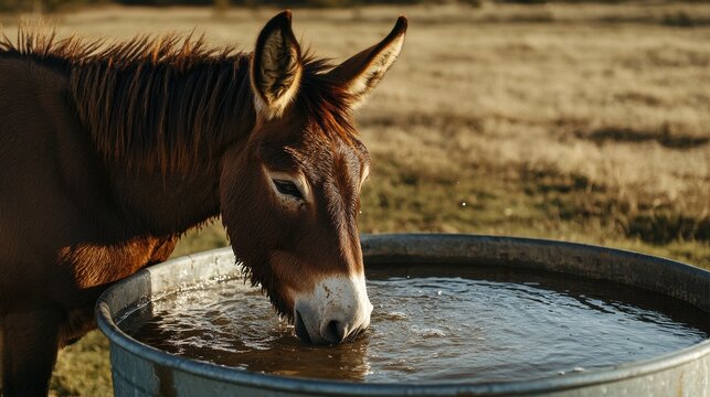 Brown Donkey Drinking Water From Metal Trough Outdoors