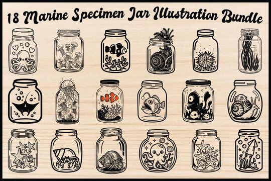Marine specimen jar illustrations, vector bundle, 18 jar collection, black and white