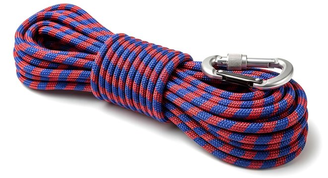 Coiled climbing rope in red and blue with attached silver metal carabiner on white background
