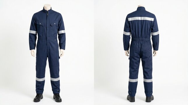 Navy Blue Industrial Safety Coverall with Reflective Strips Front and Back View