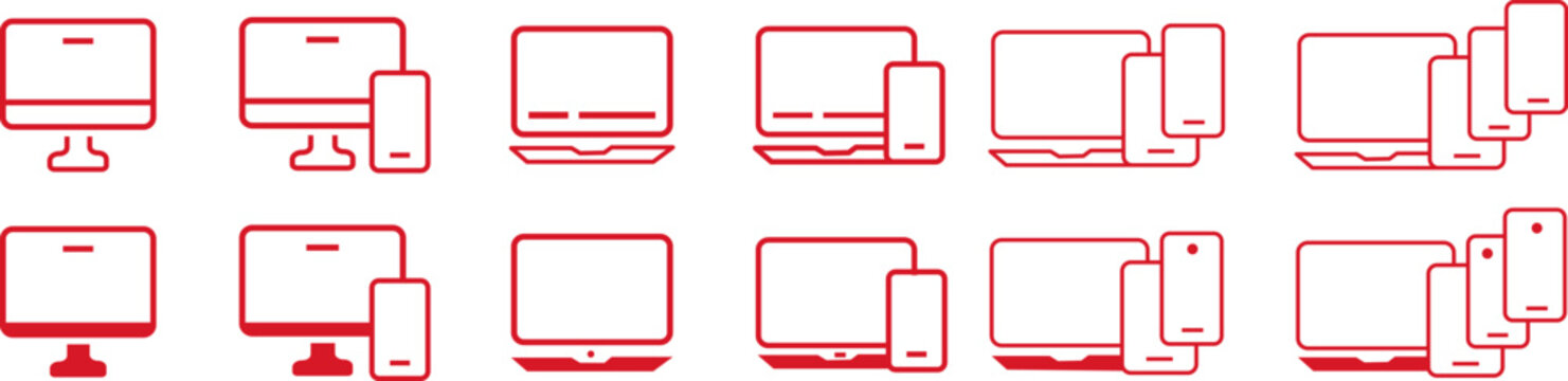 responsive digital devices line icon set, featuring professional vector symbols for multi-platform design. Device Mockup  and technology icon library, creative illustration.
