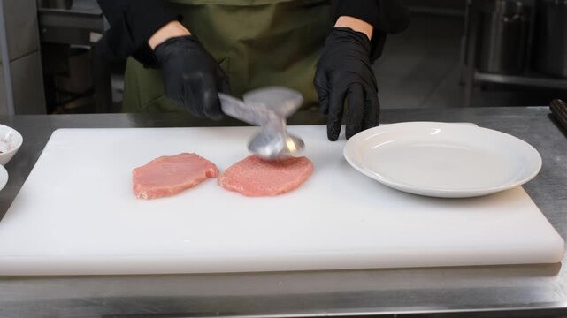 Male chef in professional restaurant kitchen tenderizing chicken steaks with mallet on cutting board close-up of hands

