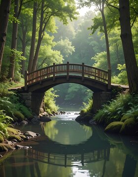 Lush forest bridge scene