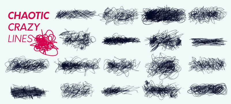 Tangled chaotic crazy lines set with random black scribble elements on white background. Messy scrawl linework sketches for expressive abstract vector design and overlays. Vector design elements set.