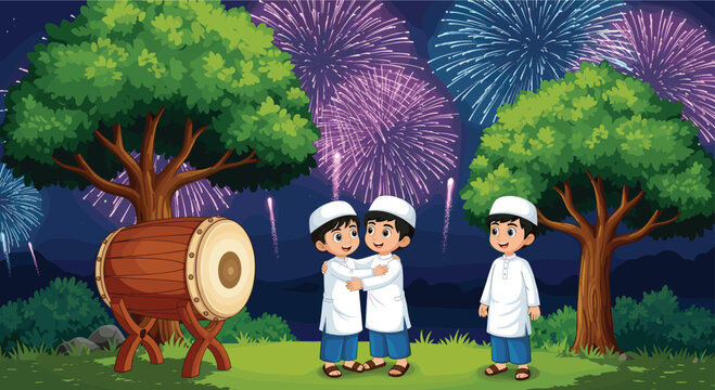 Muslim Boys Celebrating Eid with Fireworks and Traditional Drum Night Festival Cartoon Vector Illustration