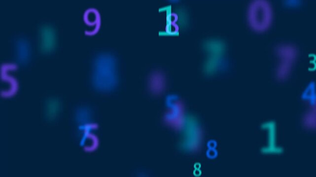 Dynamic numeric animation with scattered glowing digits in bokeh style, seamless looping