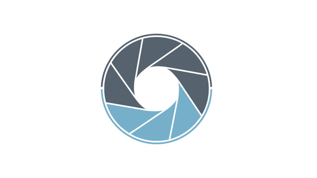 Graphic of a camera aperture or iris with alternating dark gray and light blue blades