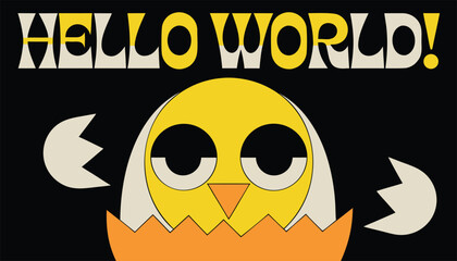 Cute chick hatching from egg with hello world message, close up of chick head © SarwarGfx
