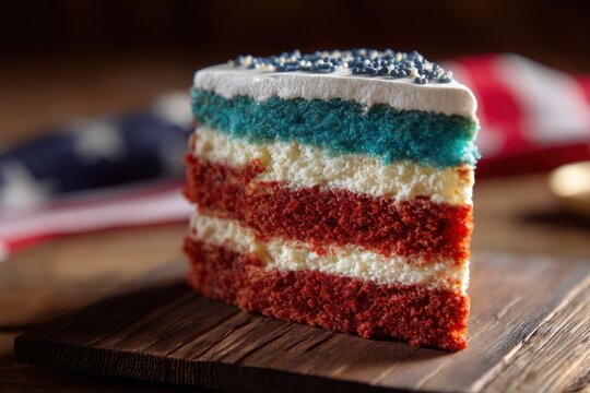 Slice of layered cake with red blue and white colors representing patriotism. Dessert served for Independence Day celebration. American holiday treat featuring flag inspired decoration.