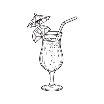 Black and white line drawing of tropical cocktail glass with citrus slice straw and umbrella symbolizing summer refreshment and vacation