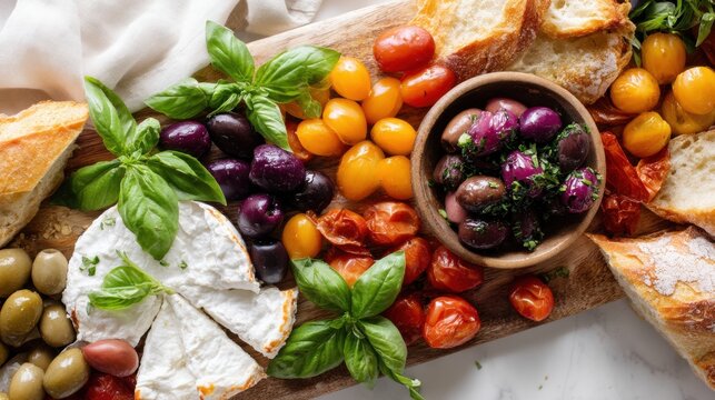 Charcuterie board with cheese, cherry tomato, olive, and bread. Mediterranean appetizer platter with fresh basil for dinner party. Gourmet snack finger food, flat lay top view.