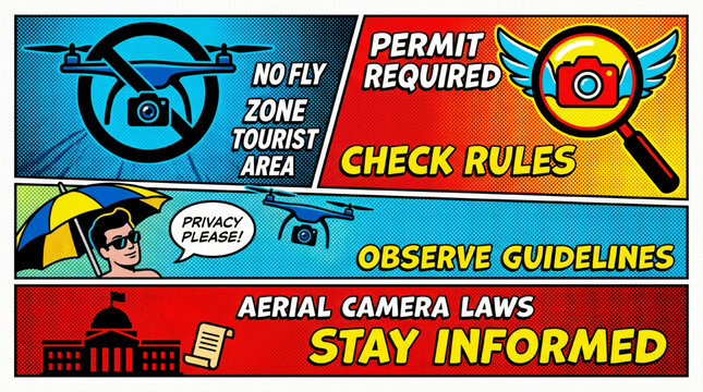 Comic book style infographic about aerial photography drone regulations