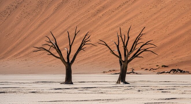 Two skeletal dead trees stand prominently against massive orange sand dunes under bright sunlight in namib desert of sossusvlei namibia landscape photography art.