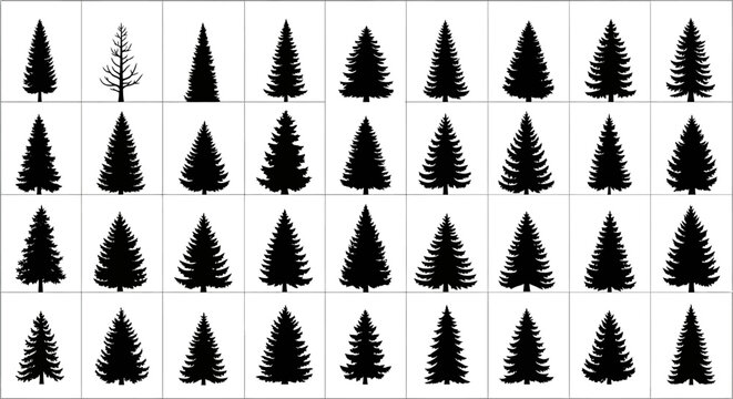 Collection of diverse evergreen fir and pine tree silhouettes arrayed in grid format for design elements representing nature winter and forest themes