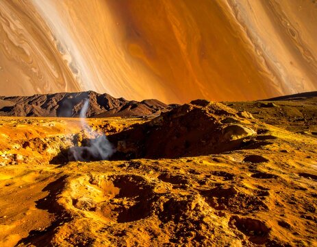 Landscape of Io moon with sulfur-yellow volcanic plains and a venting crater. Massive Jupiter with sharp atmospheric swirls in the background. Photorealistic space exploration and science.