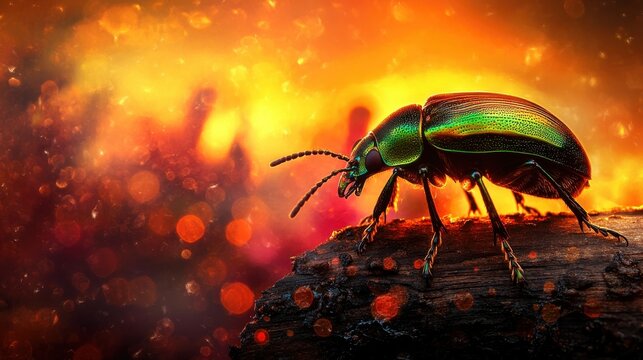 Emerald June bug exploring a wood branch in bright sunlight