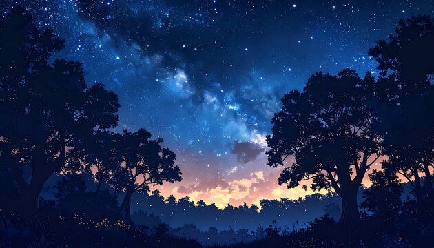 Night landscape star-studded sky shines above dark trees, hinting at a golden sunset beyond