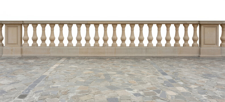 Stone balustrade railing with classic balusters on a patterned tiled terrace floor isolated