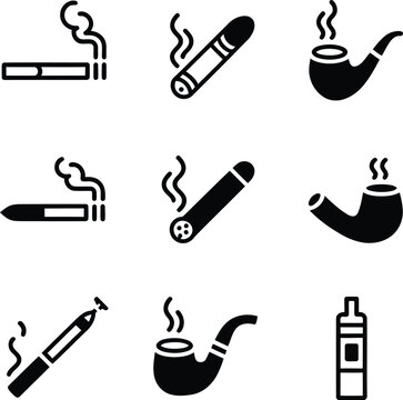 Smoking tobacco and vaping device silhouette icon collection