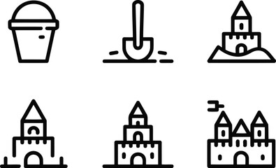 Fototapeta premium Sandcastle building elements vector line icons