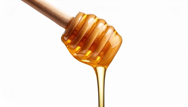 honey dripping on wooden dripper isolated on white background