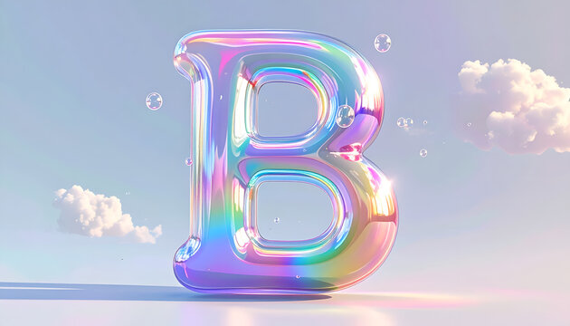 3D iridescent bubble letter B floating in sky with clouds and soap bubbles