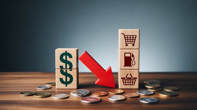 Financial decline concept with falling arrow coins and shopping icons representing loss and economic downturn 
