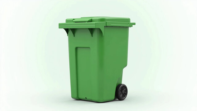 Green Plastic Wheeled Trash Can for Recycling and Waste Management Isolated on White Background