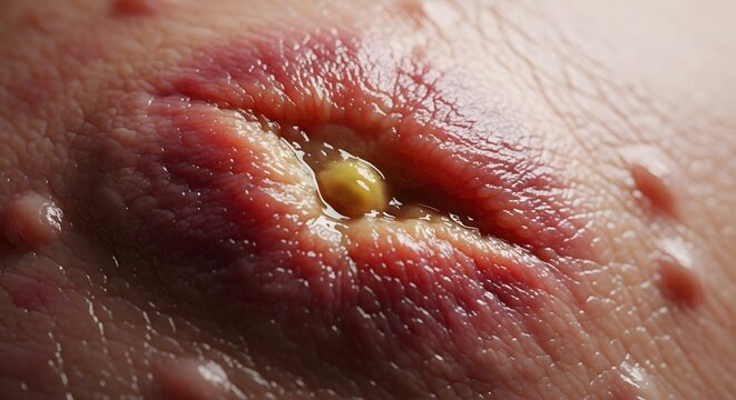 Infected skin wound with pus discharge &ndash; bacterial infection, inflammation and untreated skin condition concept