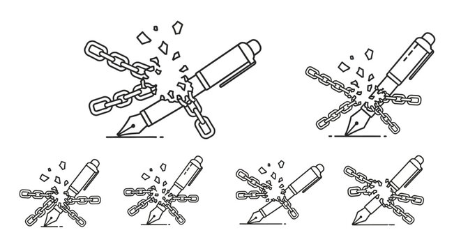 Freedom of speech concept with fountain pen breaking chains