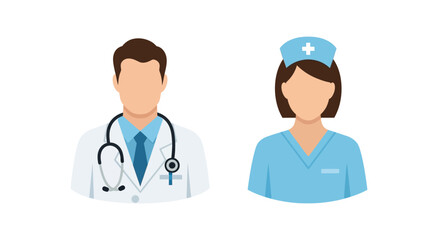 Fototapeta premium Flat vector icons of a male doctor and a female nurse isolated on white background