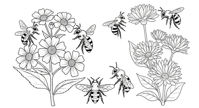 Honey bee and flower coloring page illustration