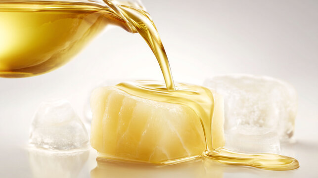 Golden honey or syrup slowly dripping over ice cubes in a bright studio setting with dripping, dressing