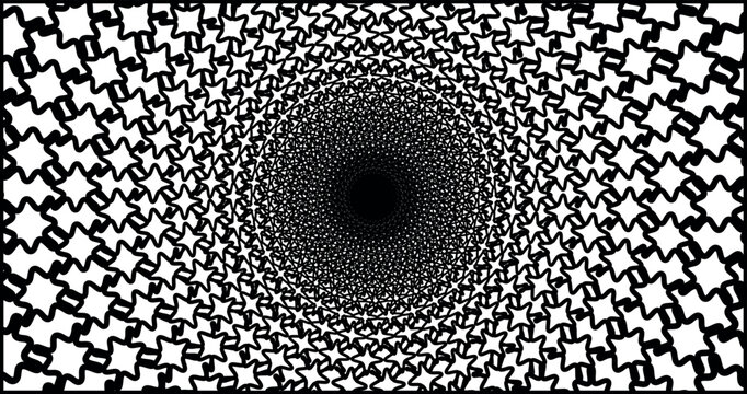An intense abstract graphic depicting a fractal-like spiral that creates a powerful tunnel effect. The pattern is rendered in stark black and white with intricate repeating elements that converge.