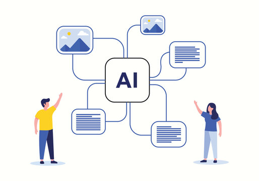 Artificial intelligence concept with people interacting with ai system flowchart diagram