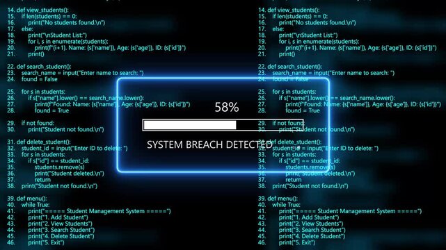 cyan glowing system breach detected loading bar animation with digital binary code and cyber programming background. Programming code hacking concept.4k animation