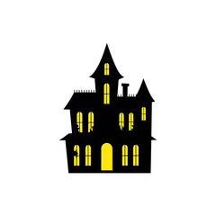 Fototapeta premium Silhouette of a haunted house with yellow windows.