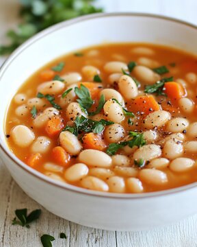 Close up of vibrant lima bean soup in a white bowl