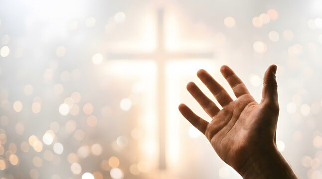 Man hand reaching toward glowing cross. Christian worship and prayer. Religious faith, belief and spirituality. Holy light background for church sermon or Easter celebration concept.