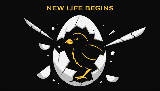New life begins with chick hatching from cracked egg on dark background in flat cartoon style