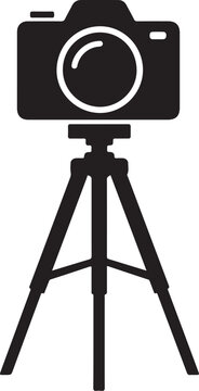 black and white camera icon on a tripod stand silhouette vector