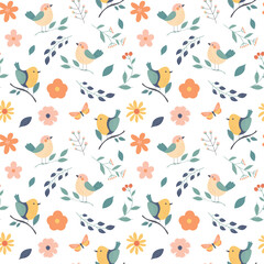 Obraz premium seamless floral and bird pattern for baby nursery, cute pastel kids fabric design