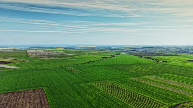 Wide fields of green grass cover the land, with patches of darker soil visible in the distance. The scene shows a large area of farmland under a bright sky with clouds.