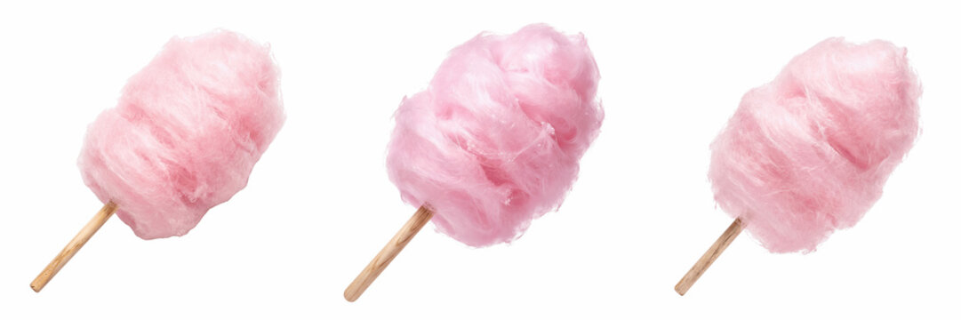 Pink cotton candy on stick isolated on transparent background, sweet carnival dessert candy floss set