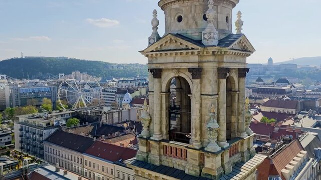 Tower of St. Stephens Basilica and panoramic view of Budapest old town, Hungary. 4K video footage of Szent Istvan Bazilika
